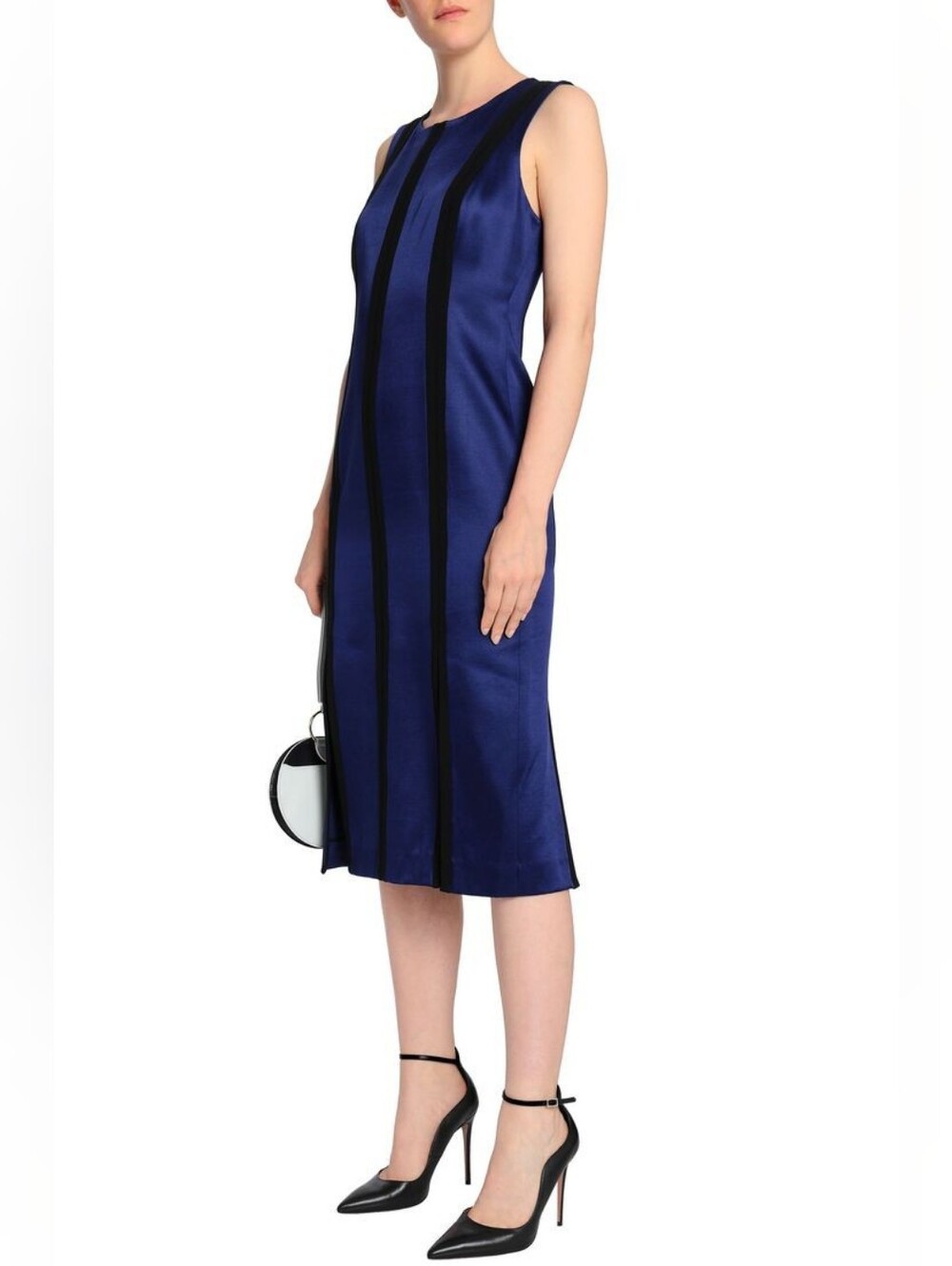 Diane Von Furstenberg Blue Black Striped Sleeveless Sheath Midi Dress Size 2 - Picture 4 of 15
